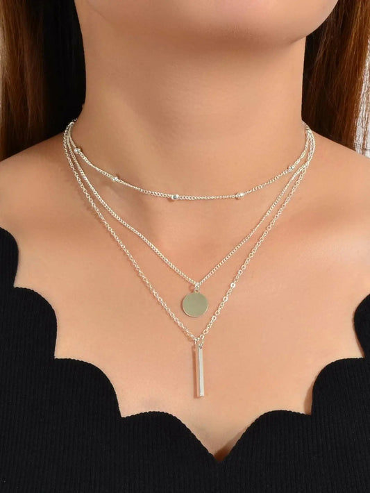 Boho Multi-Layer 3pcs Bar Disc Charm Metal Round Beads Chain Choker Necklace Feelontop Jewellery