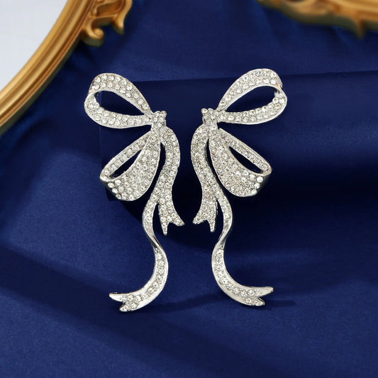 Luxurious Rhinestone Decor Silvery Bow Stud Earrings for Women Banquet Feelontop Jewellery