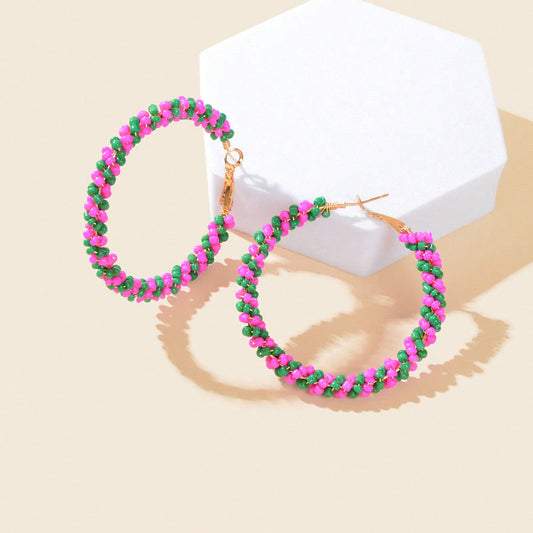 Boho Sweet Colourful Seed Beads Handmade Circle Hoop Earrings for Women Holiday Feelontop Jewellery