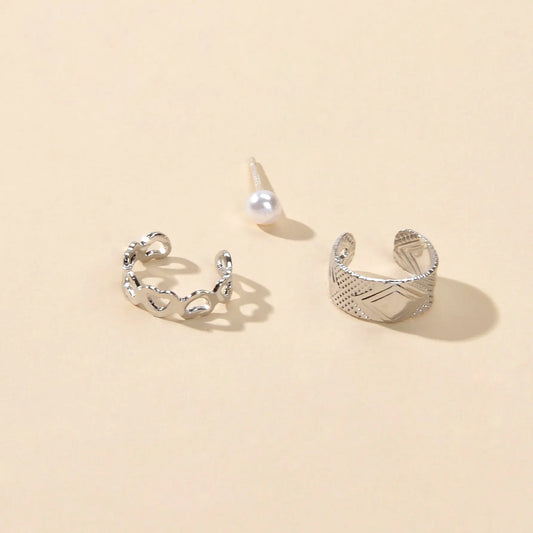3 pcs Imitation Pearl Stud Gold Silver Hollow out Heart Ear Cuff Cartilage Earrings set Feelontop Jewellery
