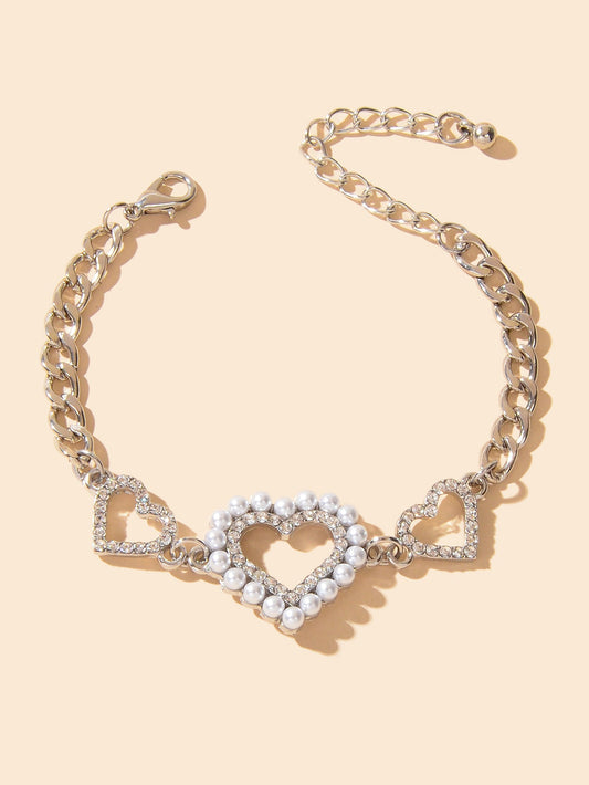 Luxurious Rhinestone Pearl Decor Heart Charm Silver Chain Bracelet for Wedding Feelontop Jewellery