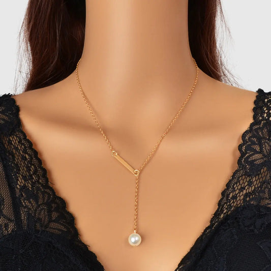 Designer Jewelry Gold Chain Geometric Bar Lariat Y-Shaped Pearl Pendant Necklace Feelontop Jewellery