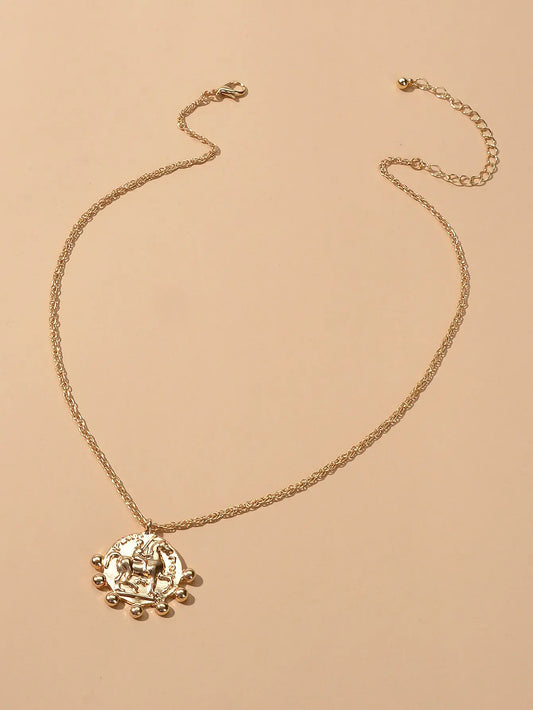 Gold Chain Carved Riding Horse Round Pendant Trendy Necklace Fashion Jewellery Feelontop Jewellery