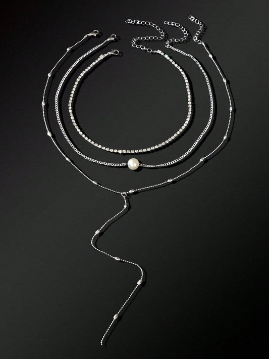 Silver Triple-Layer Chain Long Tassel Necklace Elegant Statement Piece Feelontop Jewellery