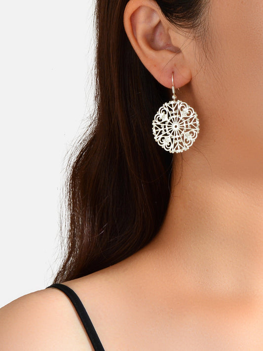 Ladies Jewellery Hollow Gold Silver Flower Pattern Round Trendy Dangle Earrings Feelontop Jewellery
