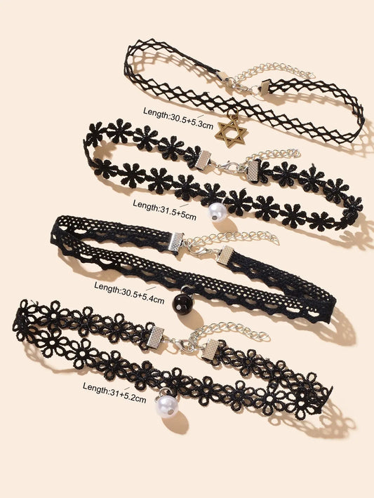 4 pcs Retro Star Beaded Charm Flower Geometric Tattoo Choker Black Lace Necklace Feelontop Jewellery