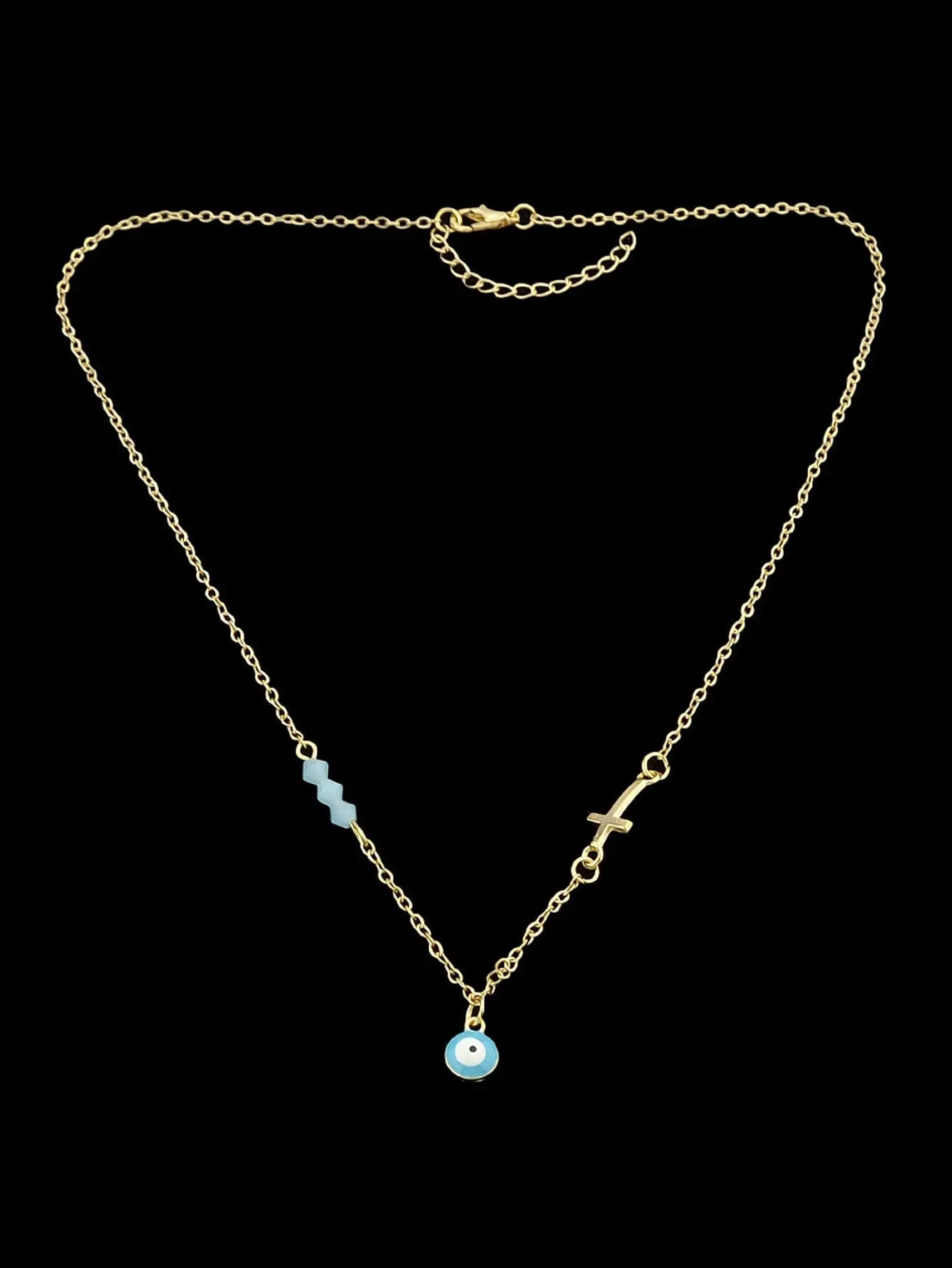 Boho Chic Chain Blue Beads Cross Round Eye Charm Necklace Girls Ethnic Jewellery Feelontop Jewellery