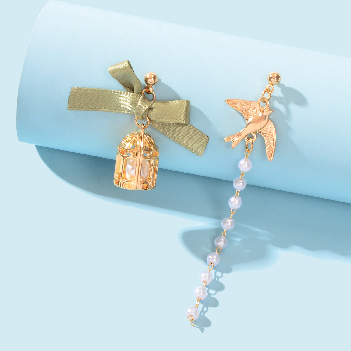 Elegant Asymmetrical Green Bow tie Gold Bird Birdcage Pearl Long Chain Earrings Feelontop Jewellery