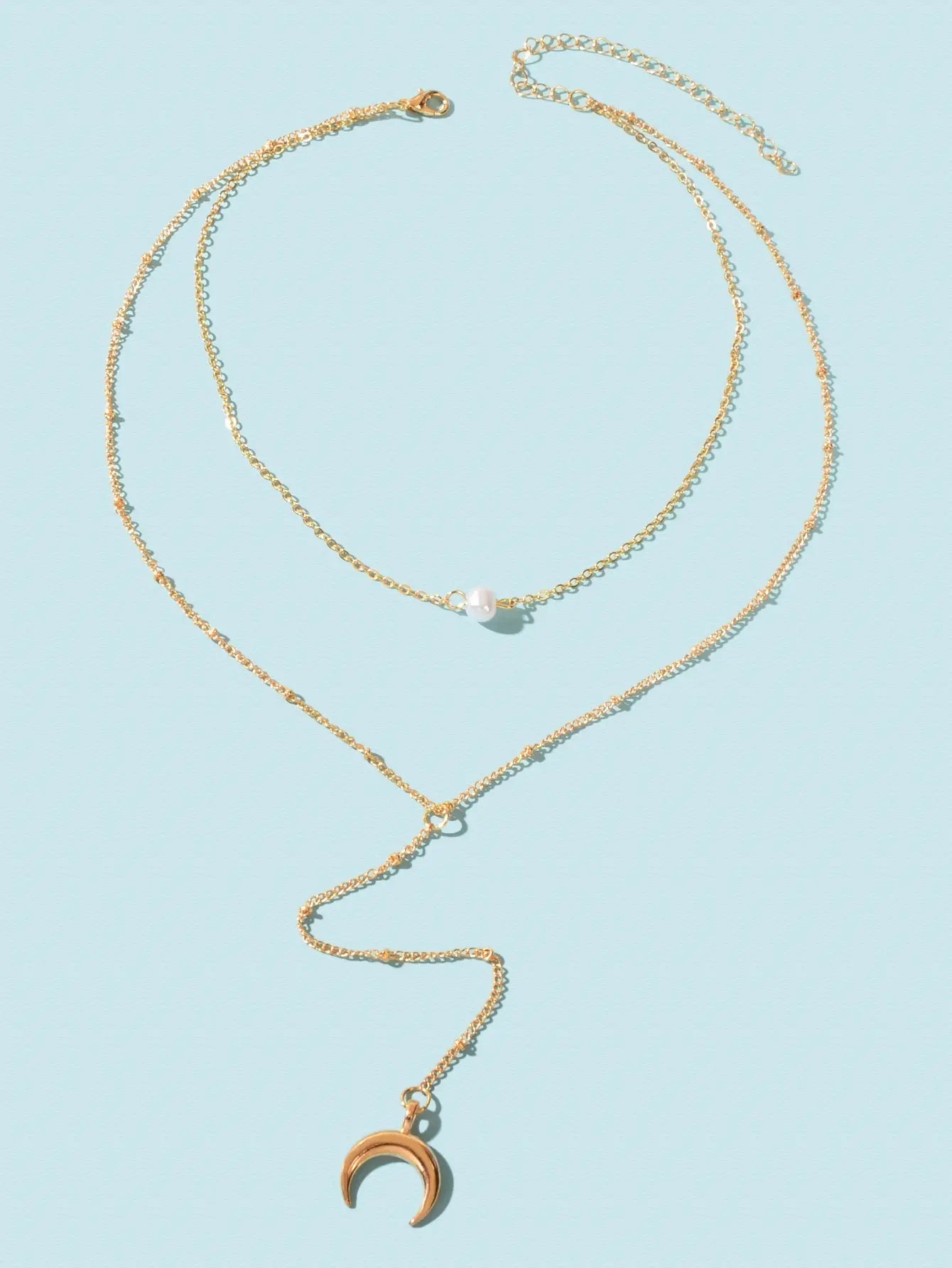 Fashion Jewellery Double layer Gold Chain Lariat Y Style Moon Pendant Necklace Feelontop Jewellery