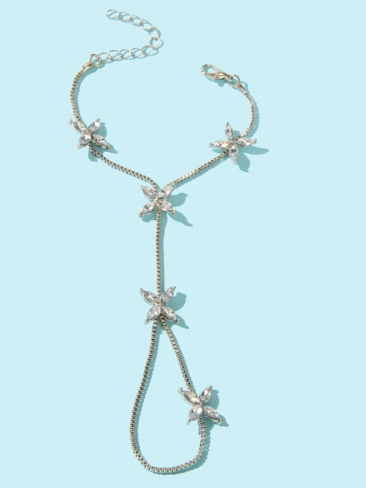 Diamond-Encrusted Chain Ring Connected Hand Wrist Bracelet Feelontop Jewellery