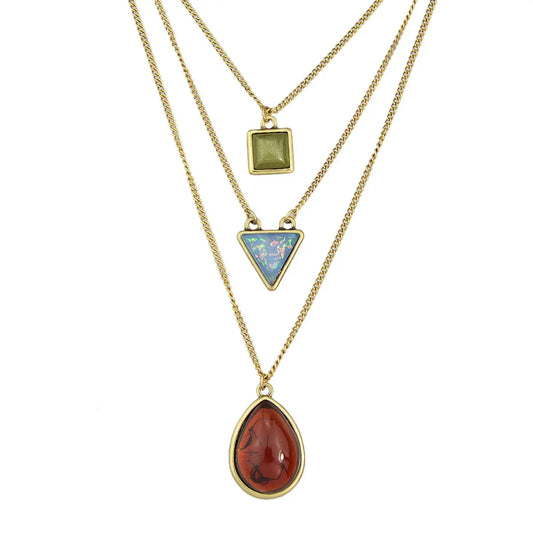 Bohemian Jewelry 3pcs Gold Chain Resin Square Triangle Water Drop Charm Necklace Feelontop Jewellery
