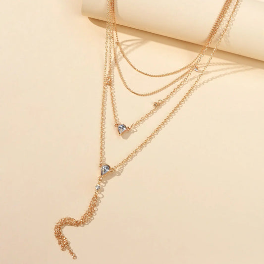 Statement Jewellery Rhinestone Multi-layer Gold Chain Tassel Pendant Necklace Feelontop Jewellery