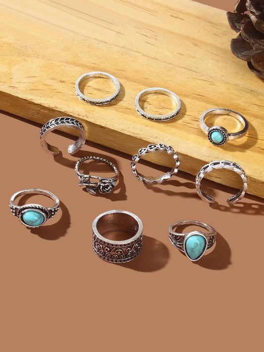 10 pcs Bohemian Antique Silver Turquoise Carved Flower Multiple Midi Rings Set Feelontop Jewellery