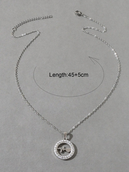 Silver Stainless Steel Rhinestone Decoration Circle Electrocardiogram Necklace Feelontop Jewellery