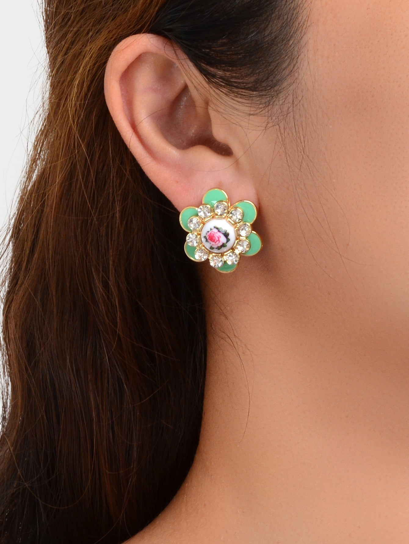Bohemian Ethnic Rhinestone Decoration Green Enamel Flower Stud Festival Earrings Feelontop Jewellery