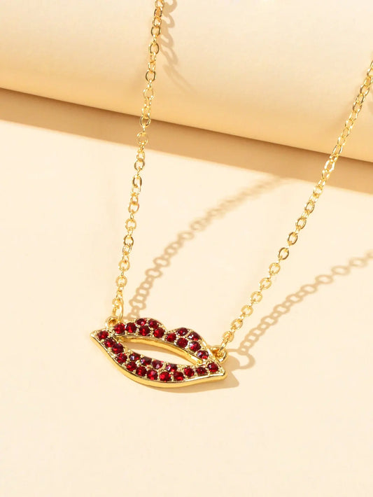 Valentine's Day Lover Gift Jewelry Gold Chain Red Rhinestone Lips Charm Necklace Feelontop Jewellery