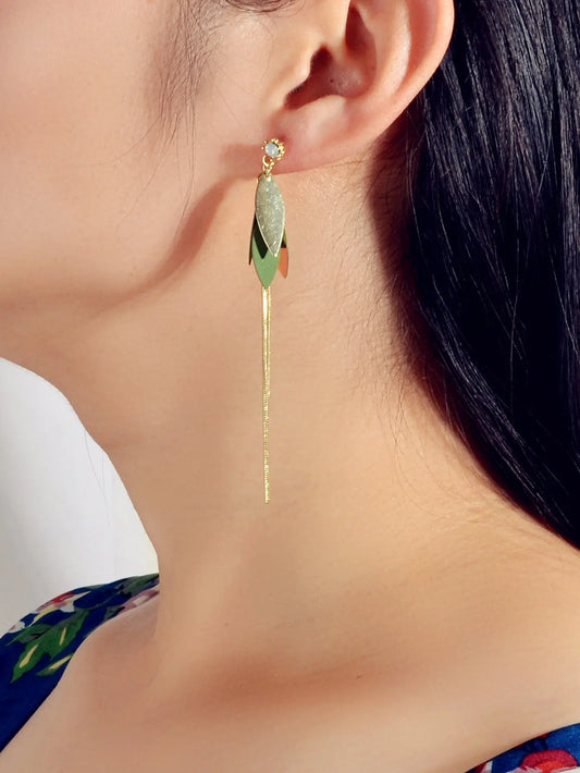 Female Jewellery Gold Green Leaf Long Chain Dangle Pierced Charm Women Earrings Feelontop Jewellery