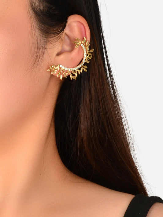 1 pc Rhinestone Decor Leaf Design Wrap Around Clip Earrings Cartilage Ear Cuff Feelontop Jewellery