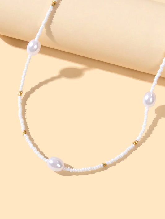 Bohemian Jewellery Handmade White Black Beads Pearl Short Choker Ethnic Necklace Feelontop Jewellery