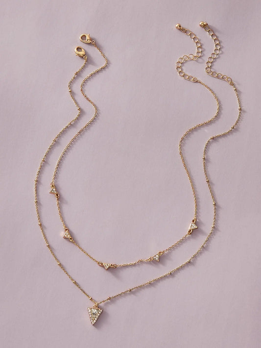 Ladies Jewellery Double layer Gold Chain Rhinestone Triangle Charm Necklace Gift Feelontop Jewellery