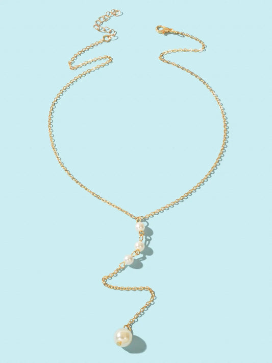 Dinner Jewellery Gold Chain Y Style Pearl Decor Long Pendant Lariat Necklace Feelontop Jewellery