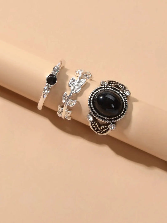 3 pcs Vintage Antique Leaf Geometric Multiple Stackable Punk Finger Rings Set Feelontop Jewellery