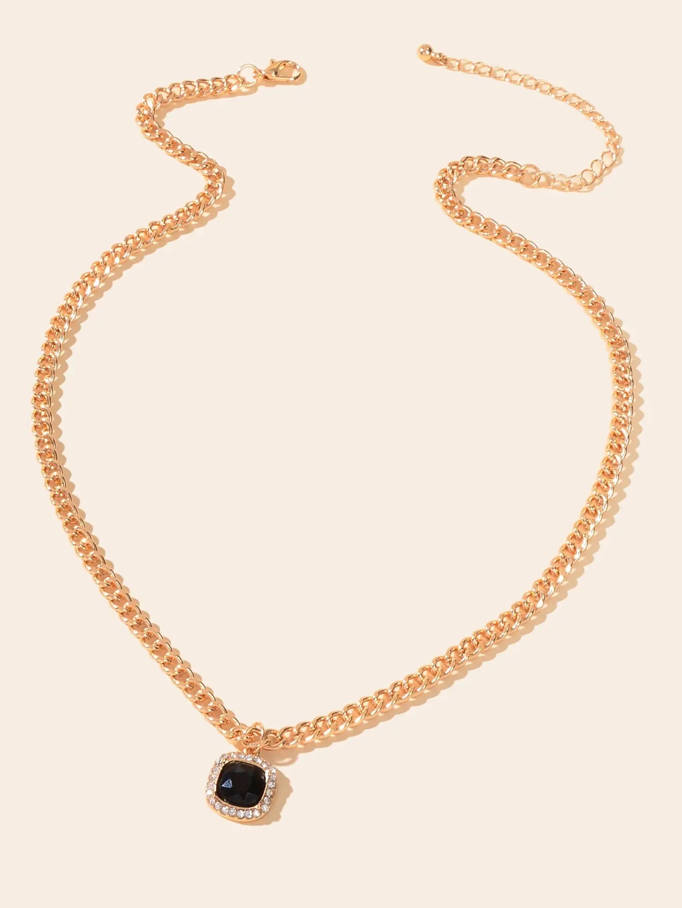 Exquisite Gold Chain Rhinestone Decor Black Square Pendant Women Dinner Necklace Feelontop Jewellery
