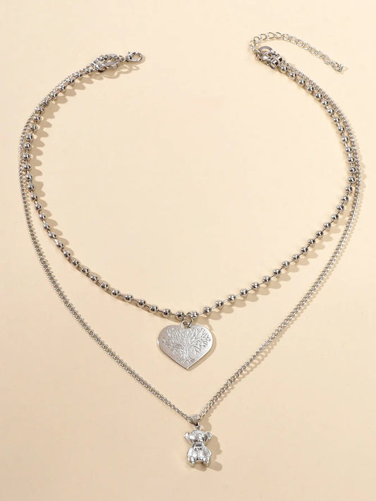 Statement Jewellery Popcorn Double layer Silver Chain Heart Bear Charm Necklace Feelontop Jewellery