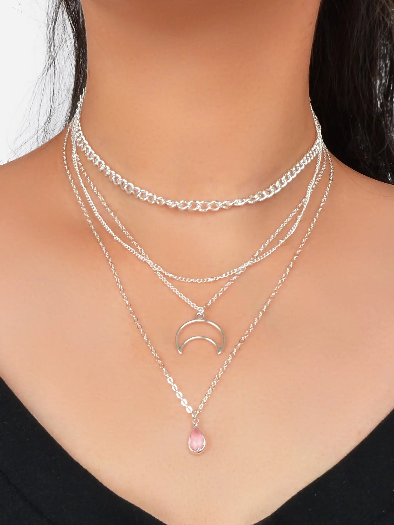 Multi-layer Gold Tone Chain Moon Water Drop Pendant Necklace Girls Party Jewelry Feelontop Jewellery