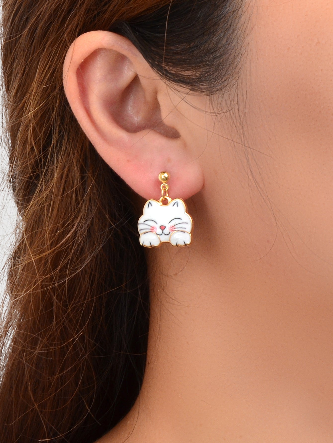 Lovely White Enamel Pet Animal Dangling Charm Earrings Girls Dainty Cat Jewelry Feelontop Jewellery