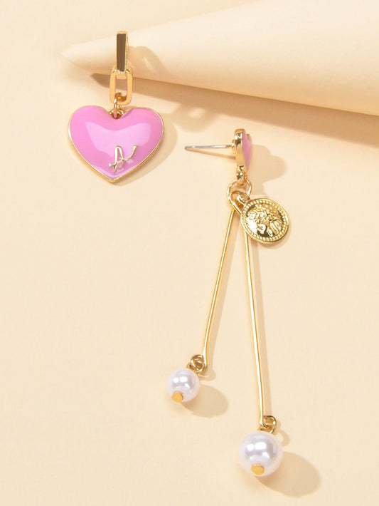 Valentine's Day Jewellery Pearl Cion Charm Pink Enamel Heart Asymmetric Earrings Feelontop Jewellery