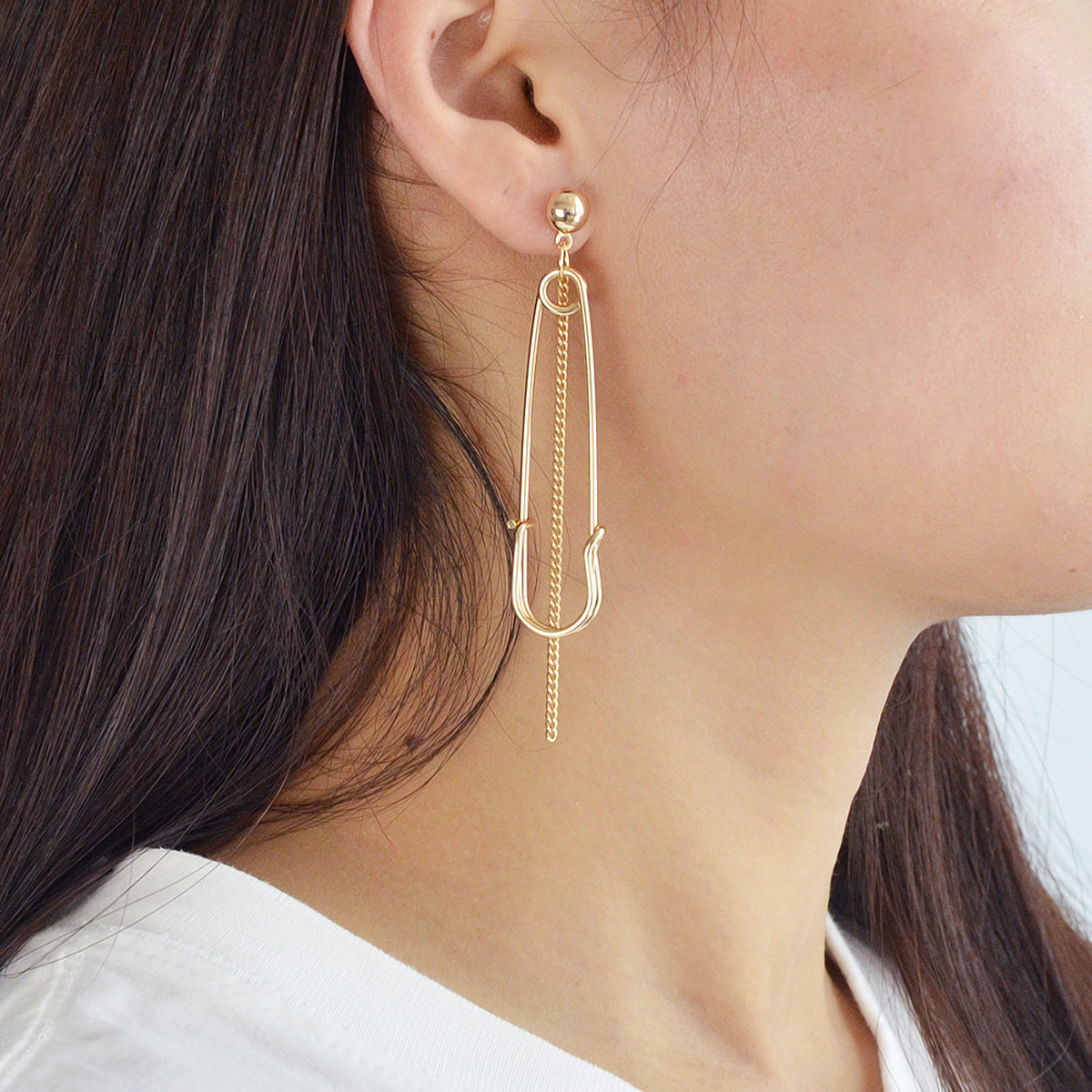 Asymmetric Punk Hip Hop Gold Silver Chain Pin Shape Hoop Stud Statement Earrings Feelontop Jewellery