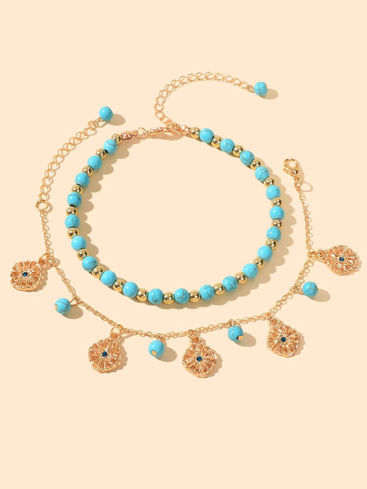 2pcs Handmade Turquoise Beads Anklets Boho Round Charm Bracelets Foot Anklet Set Feelontop Jewellery