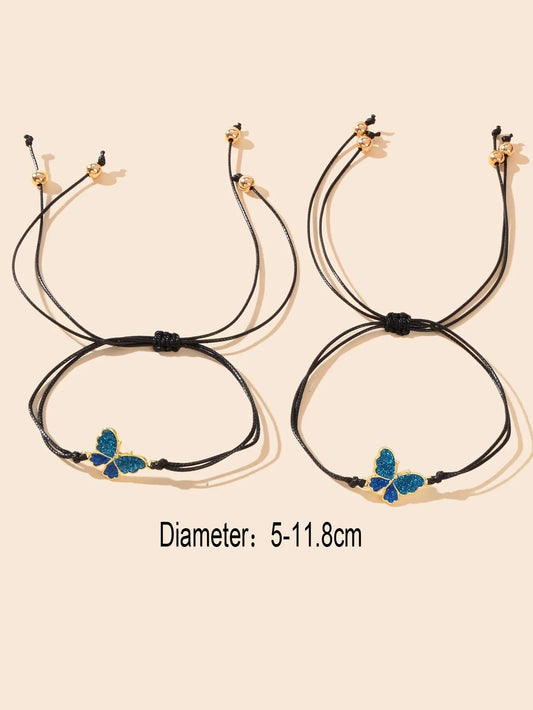 2 pcs Adjustable Black Rope Blue Butterfly Pendant Bracelet Mother's Day Gift Feelontop Jewellery