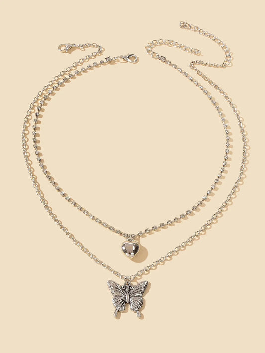 2 pcs Multiple Layered Rhinestone Chain Silver Heart Carved Butterfly Necklace Feelontop Jewellery