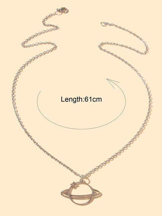 Trendy Jewellery Silver Long Chain Space Planet Charm Necklace Accessories Gift Feelontop Jewellery