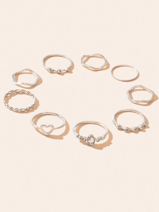 9pcs Bohemian Rhinestone Decor Silver Stackable Midi Multiple Knuckle Rings Set Feelontop Jewellery