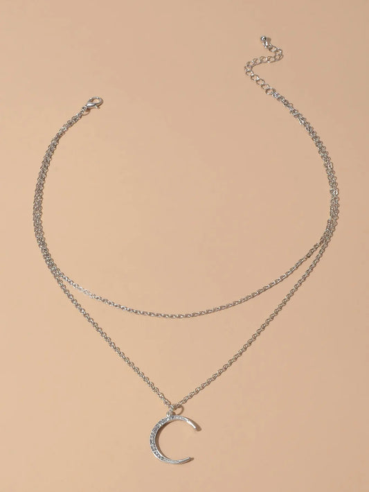 Women Accessories Double layer Chain with Rhinestone Moon Charm Trendy Necklace Feelontop Jewellery