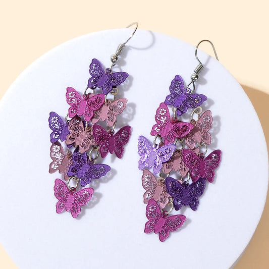 Women's Fashion Hot Pink Purple Hollow Multi-level Butterfly Chandelier Earrings Feelontop Jewellery