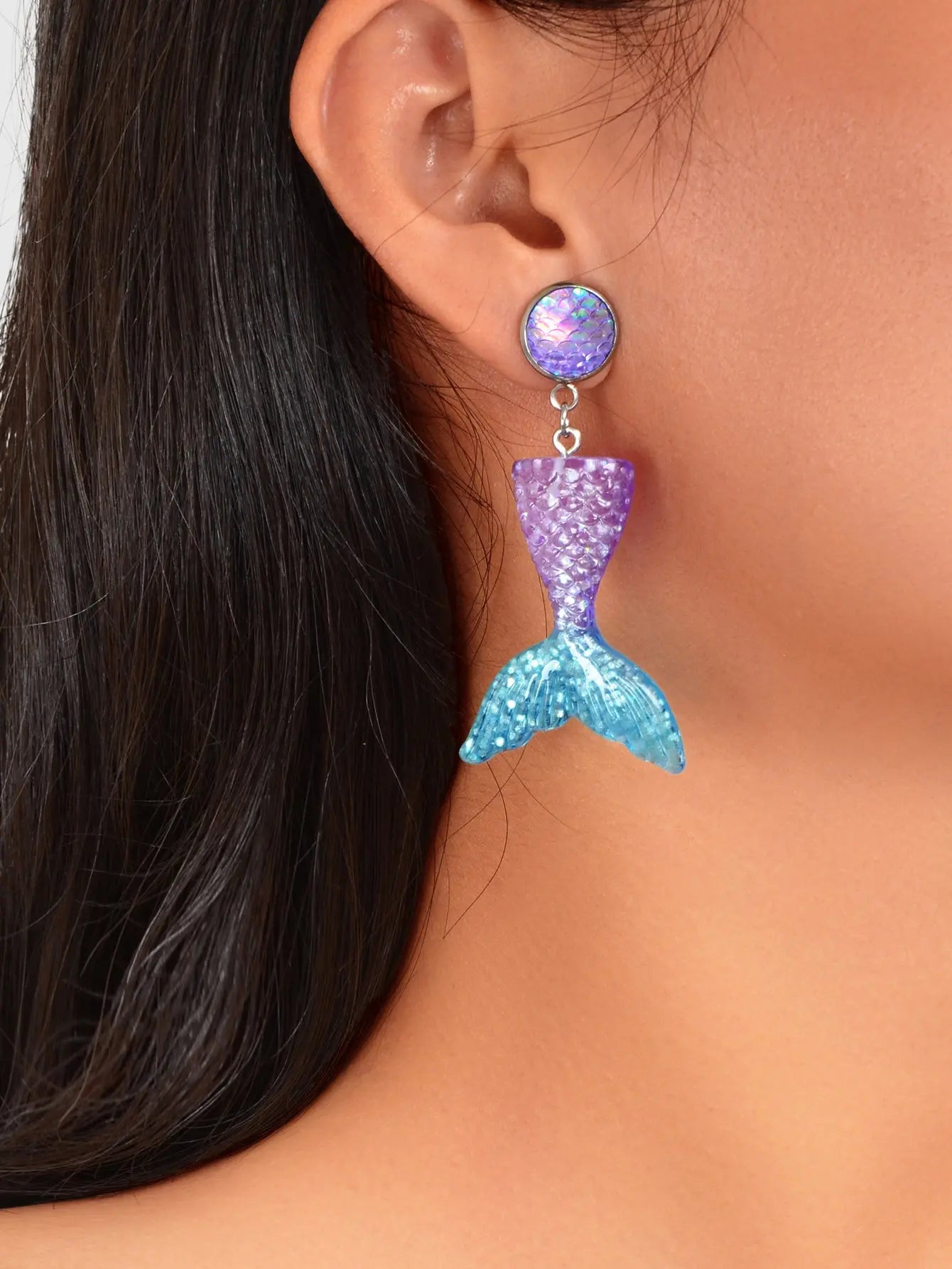 Sparkling Purple Blue Resin Mermaid Fish Tail Pendant Earrings for Women Holiday Feelontop Jewellery