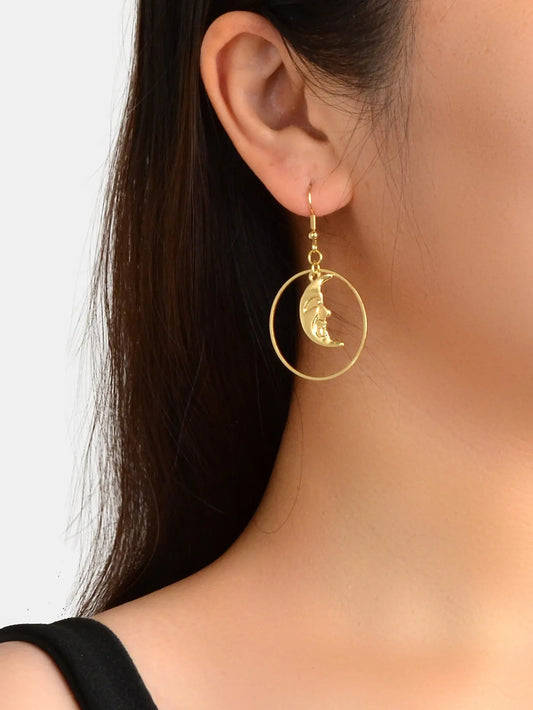 Gold Circle Moon Charm Dangle Earrings Minimalist Party Accessories Jewellery Feelontop Jewellery