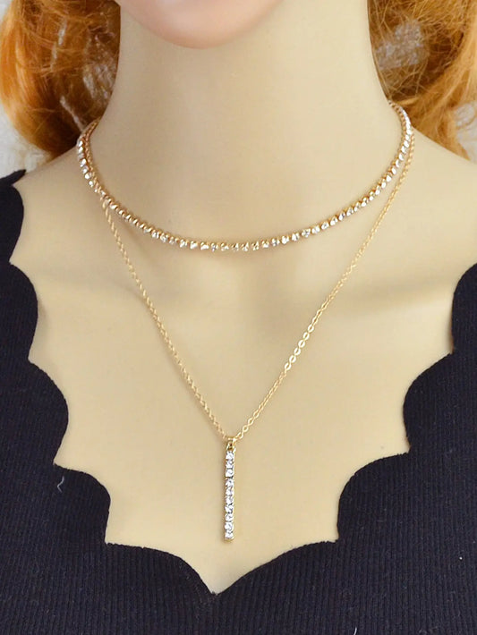 Trendy Shining Full Rhinestone Gold Silver Double layer Chain Bar Charm Necklace Feelontop Jewellery