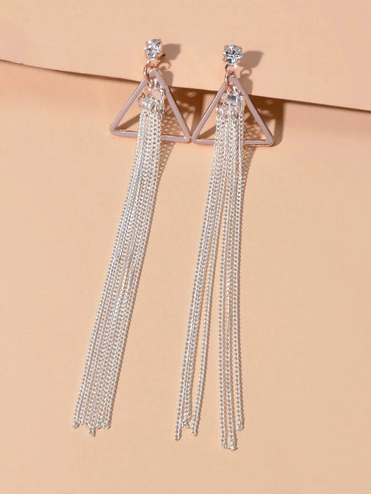 Rhinestone Triangle Silver Tassel Long Chain Drop Dangle Party Stud Earrings Feelontop Jewellery