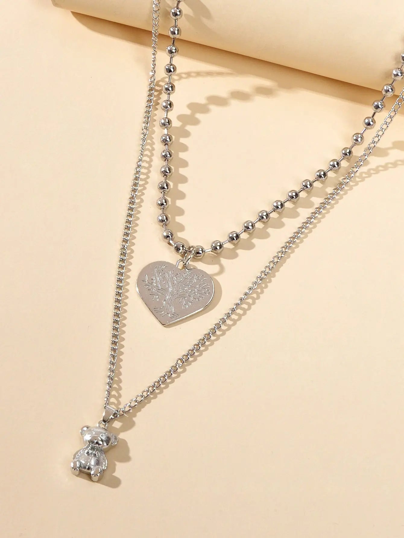 Statement Jewellery Popcorn Double layer Silver Chain Heart Bear Charm Necklace Feelontop Jewellery