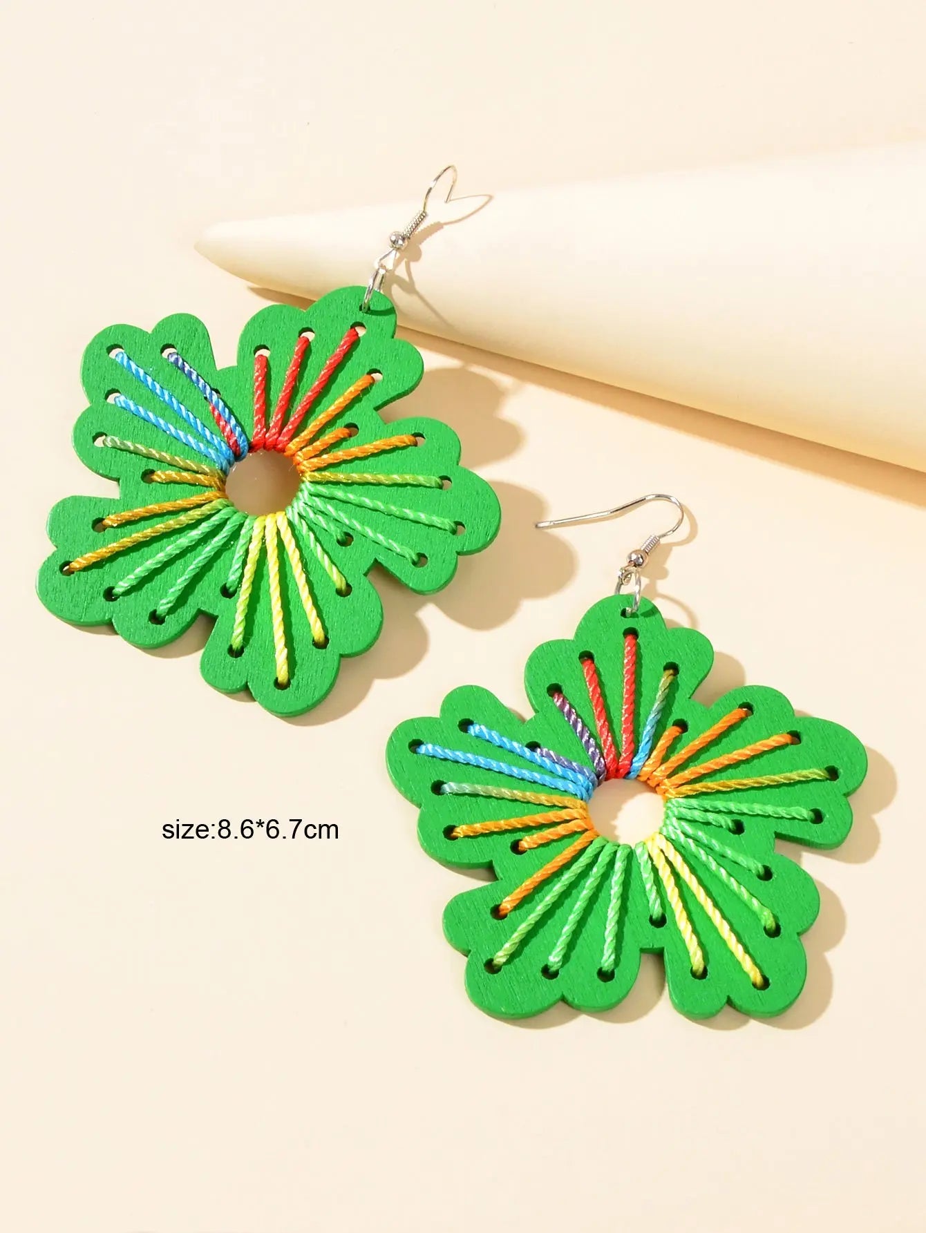 Boho Handmade Jewellery Colorful Rope Braided Green Flower Wood Holiday Earrings Feelontop Jewellery