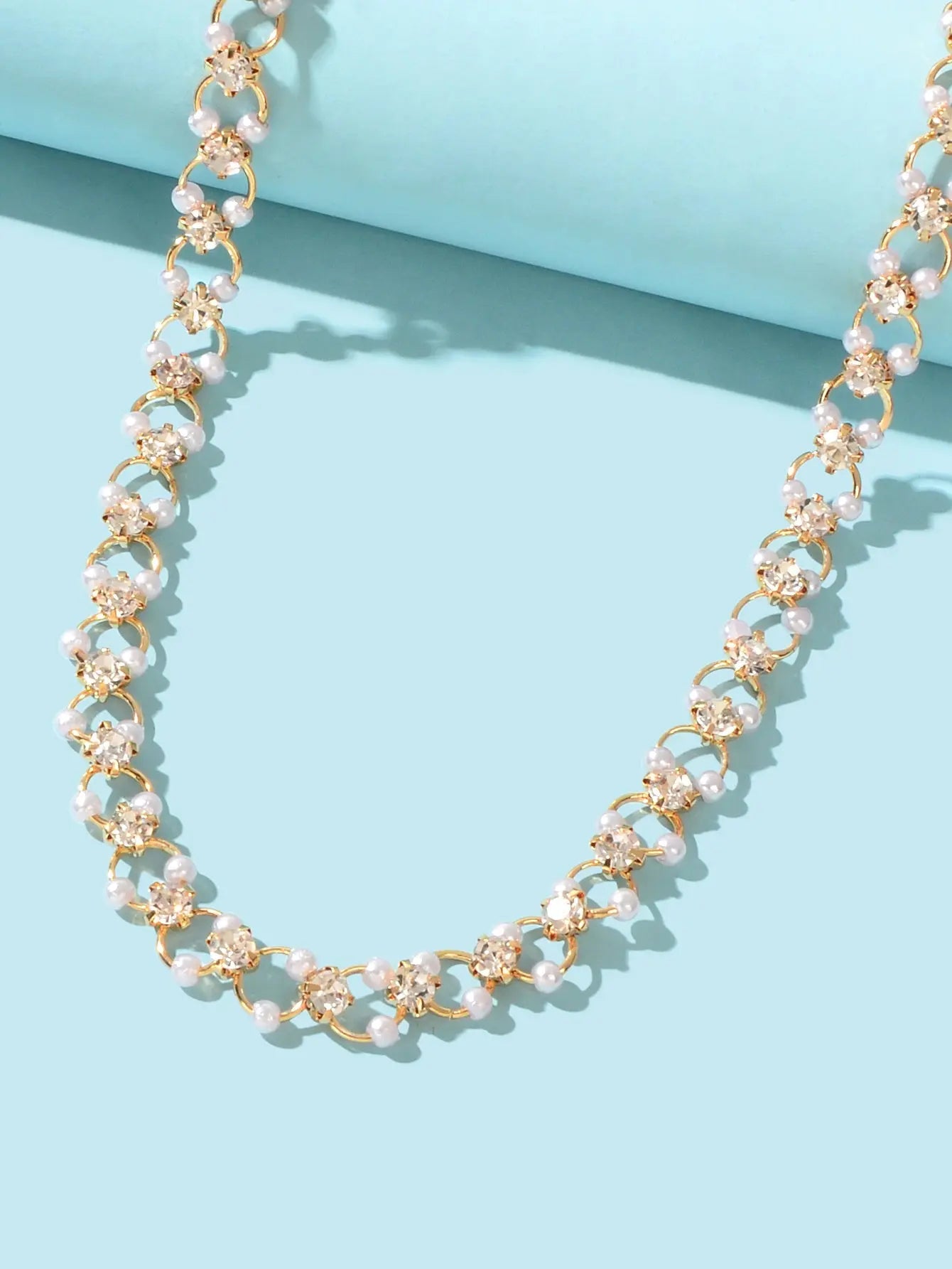 Wedding Engagement Gift Jewellery Rhinestone Pearl Decor Hollow Choker Necklace Feelontop Jewellery