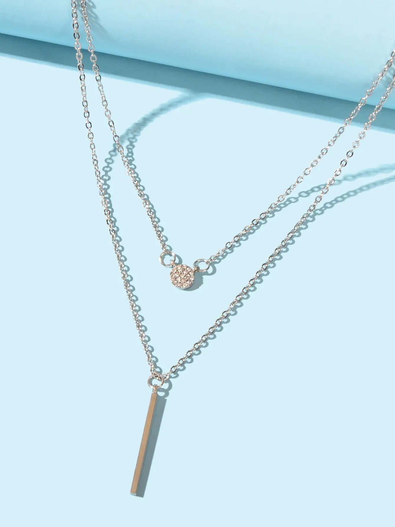 Female Jewellery Rhinestone Double layer Silver Chain Round Bar Pendant Necklace Feelontop Jewellery