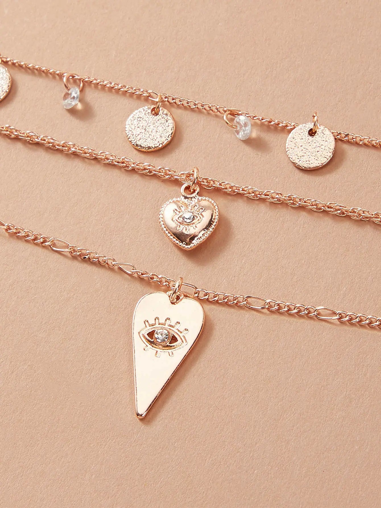 Stylish Triple-Layered Round Disc Heart Pendant Necklace Girls Unique Jewellery Feelontop Jewellery