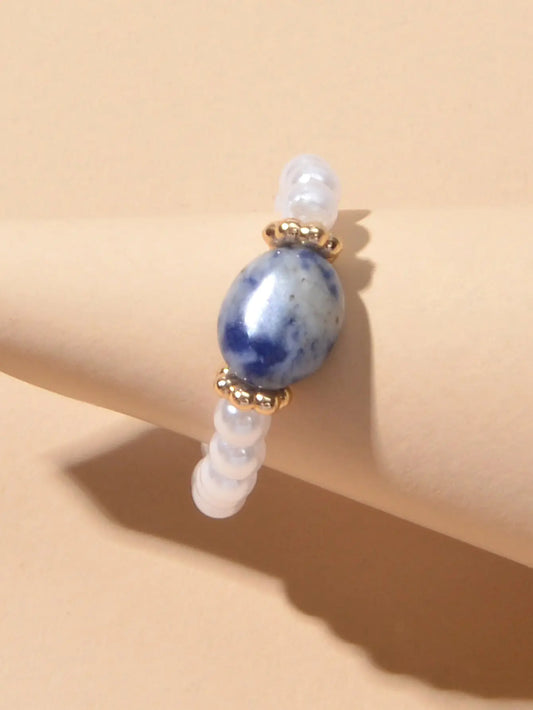 Retro Textured Jewellery Elastic Pearl Natural Stone Finger Ring Band for Women Feelontop Jewellery