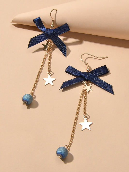 Sweet Design Blue Ribbon Bowknot Long Gold Chain Star Beads Pendant Earrings Feelontop Jewellery